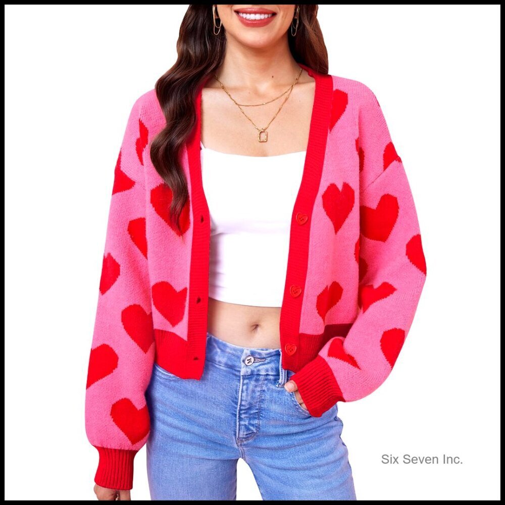 Cropped Cardigan Button Down Heart Sweater Y2K Long Sleeve Knit Top